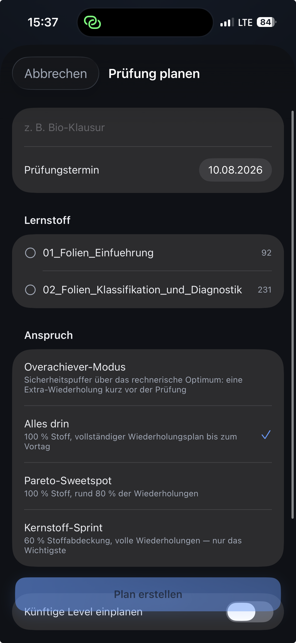 Prüfungsplan anlegen