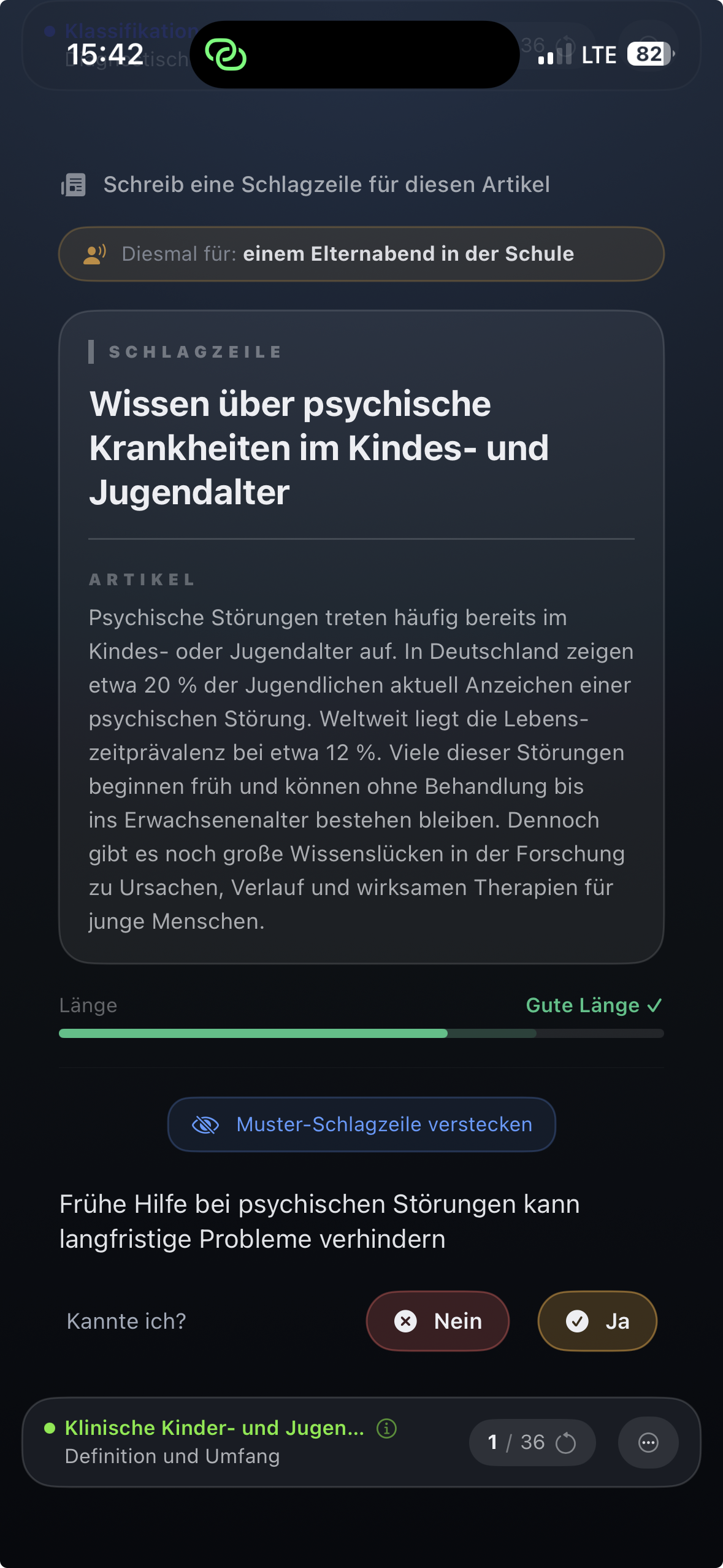 Aufgabe: den Kern eines Abschnitts als Schlagzeile fassen