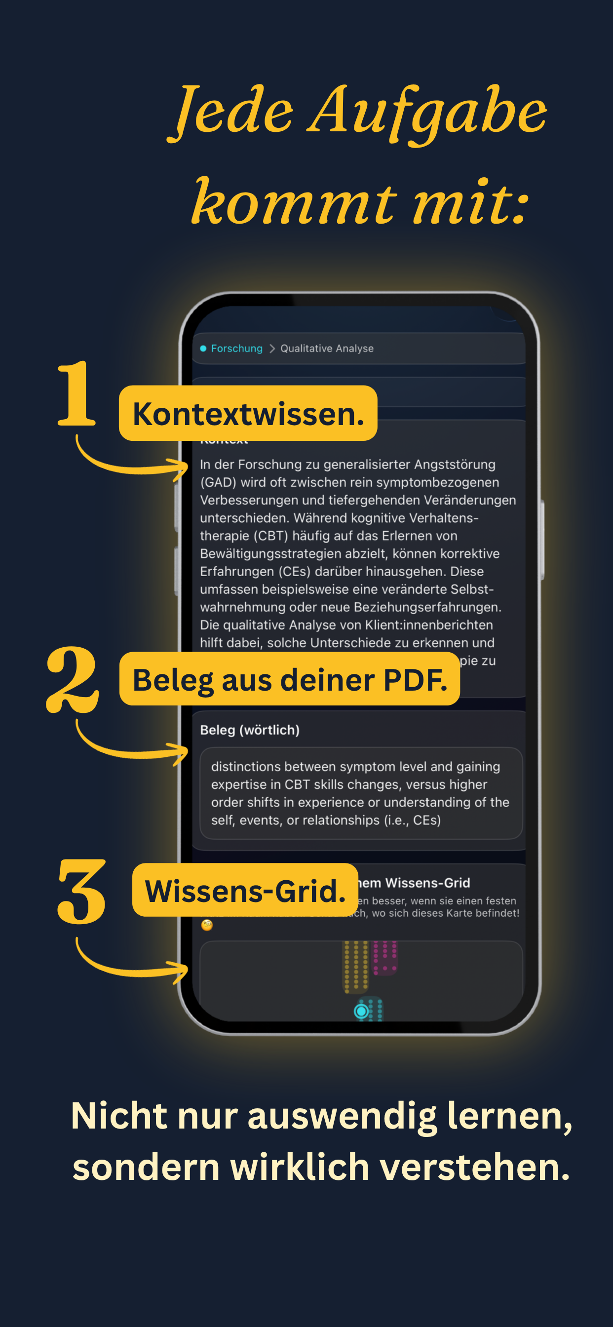 Jede Aufgabe kommt mit Kontextwissen, PDF-Beleg und Wissens-Grid